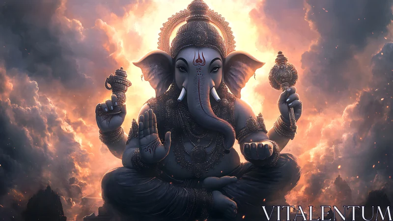 Divine Ganesha statue radiates light amid stormy celestial clouds