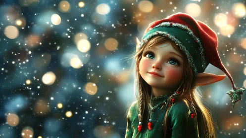 Whimsical Christmas elf portrait with bokeh lights and falling snow