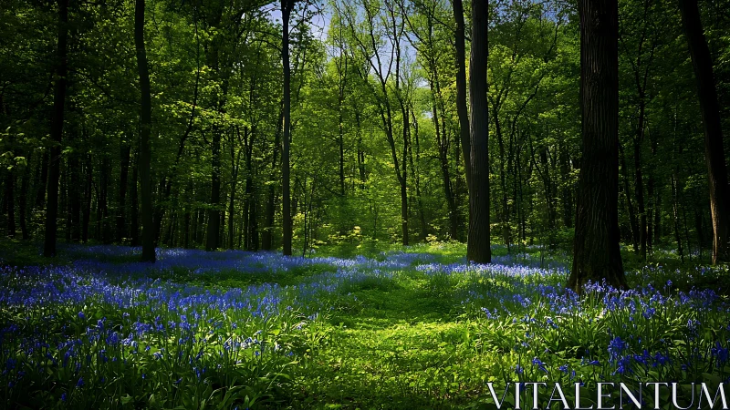 Lush green forest with bluebell flowers under dappled sunlight.