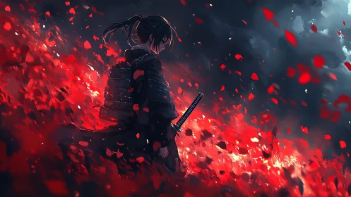 Lone samurai walks through a storm of crimson petals at dusk