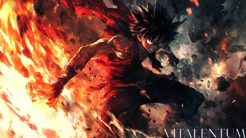 Inferno-charged anime warrior leaps through roaring chaos.