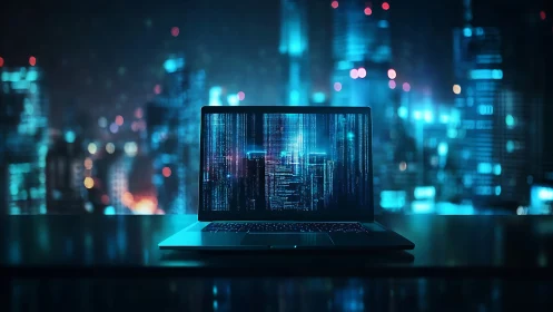 Laptop projects neon data skyline over futuristic city.