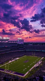 Purple sunset sky crowns packed football stadium scene.