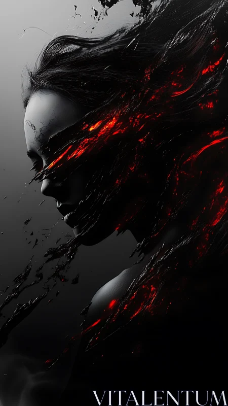 Female profile dissolves into dark fluid with red embers