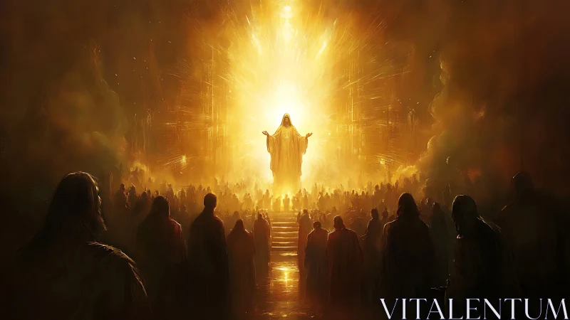 Radiant ascension figure above robed crowd in blazing light.