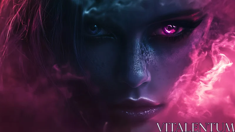Bioluminescent sorceress face framed in magenta plasma fog.
