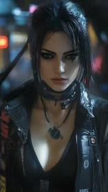 Cyberpunk woman in black leather jacket at night street.