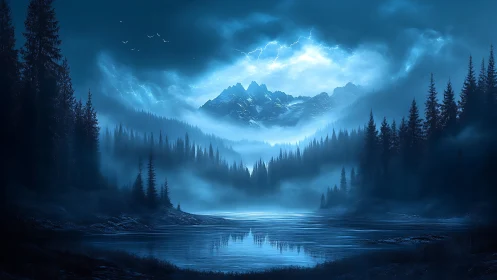 Moonlit storm carves a glowing portal above the silent lake