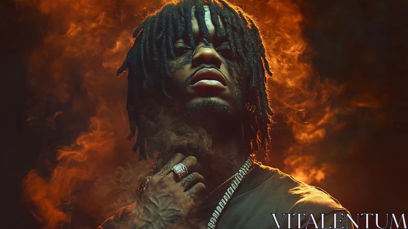 Portrait of person with dreadlocks in dense orange smoke