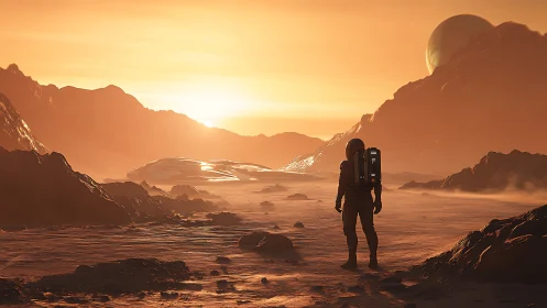 Lone astronaut surveys a glowing alien desert at sunrise