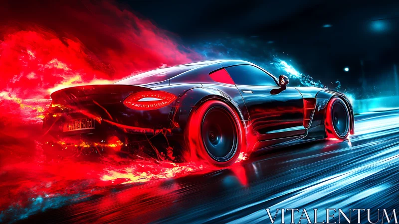 Futuristic sports car racing through neon city streets.