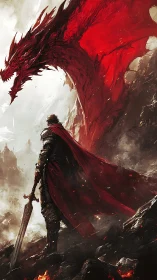 Lone armored knight confronts roaring crimson dragon in ash
