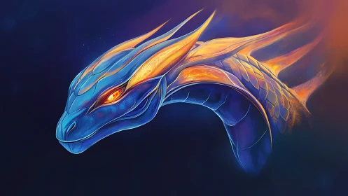 Blue and orange dragon head rendered in digital profile.