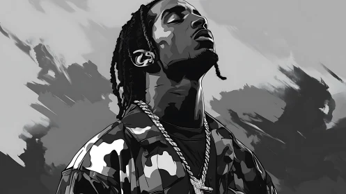 Monochrome digital portrait of man with chains and braids