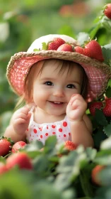 Joyful child picking strawberries in sunlit garden orchard