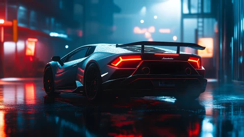 Sleek supercar glows against neon city streets at night