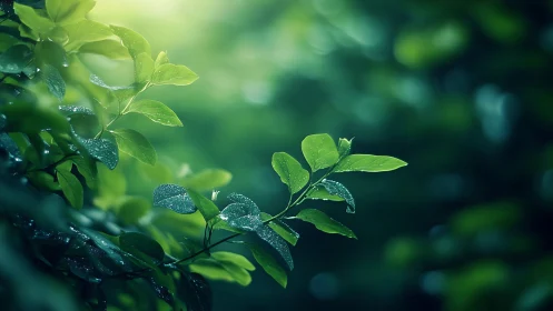 Morning light over dewy green leaves in soft focus forest.