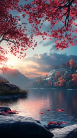 Sunlit autumn lake beneath crimson maple canopy at dusk.