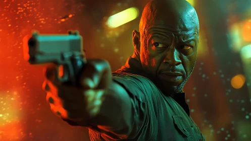 Cinematic neon close-up of armed man in dynamic profile shot.