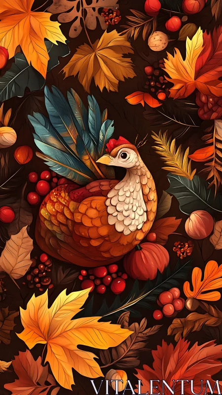 Autumnal turkey illustration with botanically dense foliage matrix.