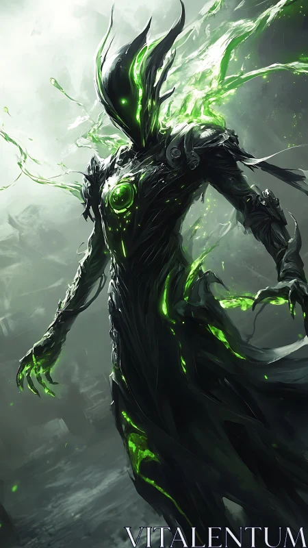 Emerald void guardian drifting through misty ruins.