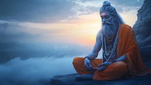 Hindu sage meditates on rocky mountain at sunrise.