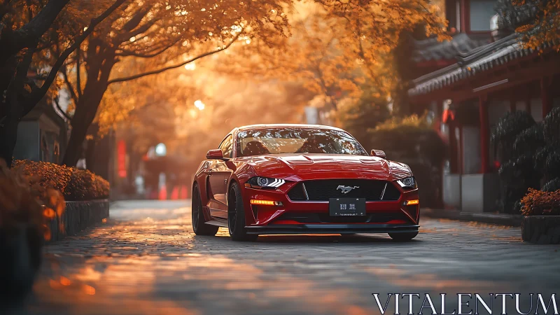 Crimson sports car resting under golden autumn light street.