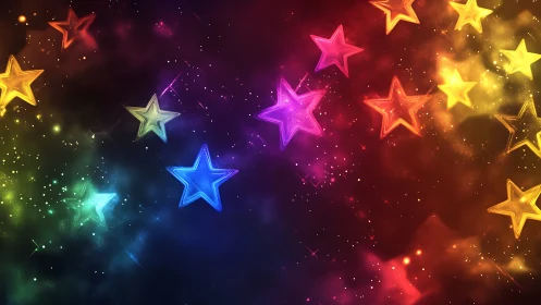 Prismatic neon stars drift like confetti across cosmic night