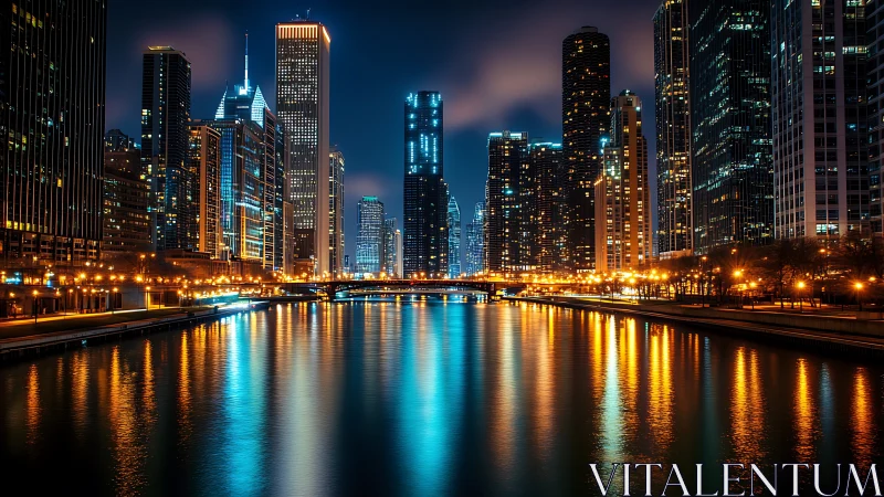 Symmetrical night cityscape with high-rise skyline and reflective river lights