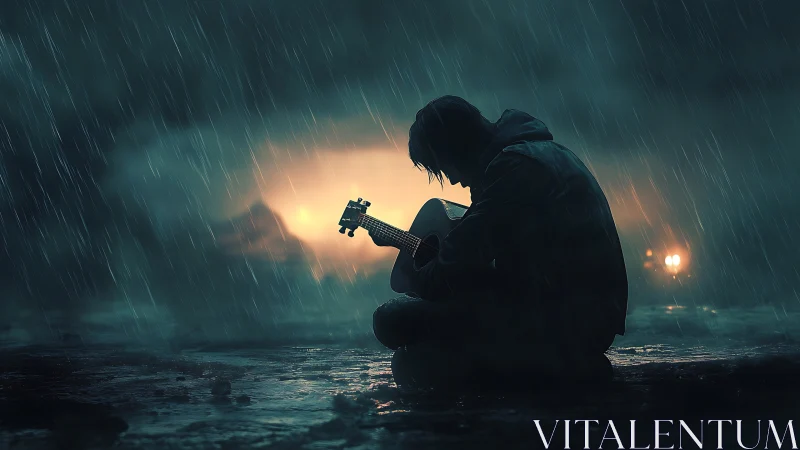 Backlit guitarist silhouette performing in heavy nocturnal rain.