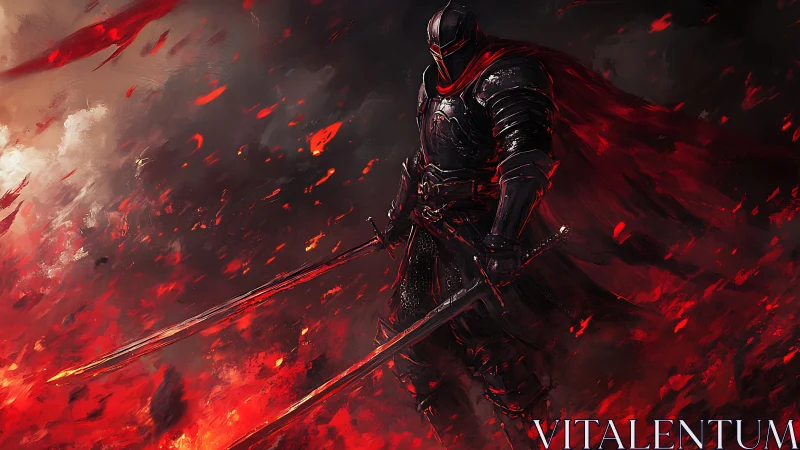 Dark armored knight stands amid swirling crimson firestorm.