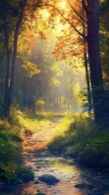 Sunlit Forest Stream Path Through Golden Canopy.