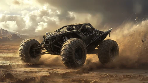 Desert war-machine roars through storm-lit wasteland dust.