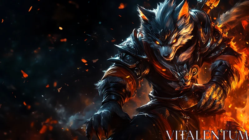 Armored wolf warrior amid fire and embers in motion.
