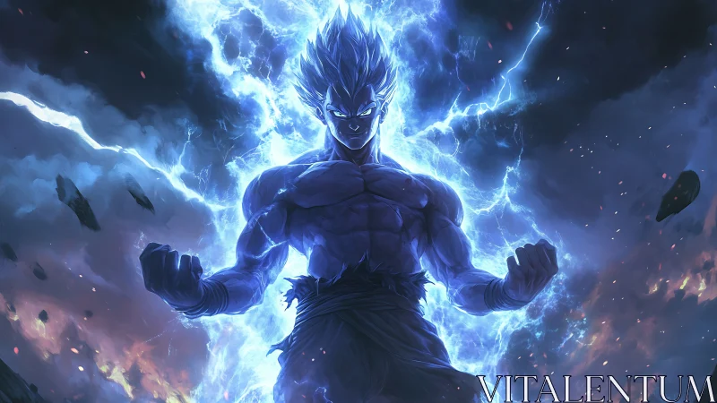 Electric blue anime warrior charging power in storm sky