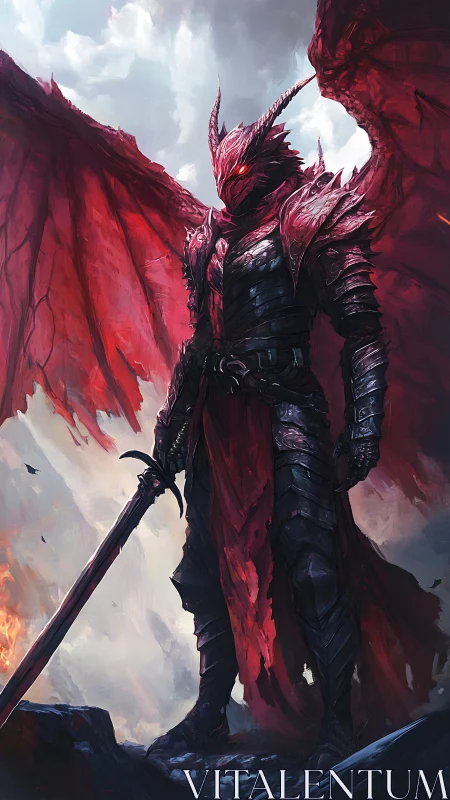 Armored winged warrior stands with sword in overcast sky