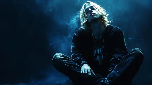 Moody blue portrait in low-key cinematic lighting setup.