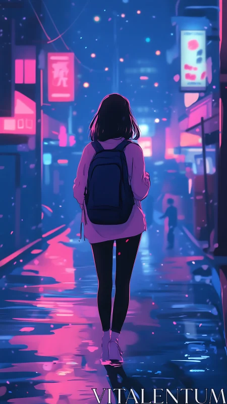 Solitary pedestrian on neon-lit wet city street at night.