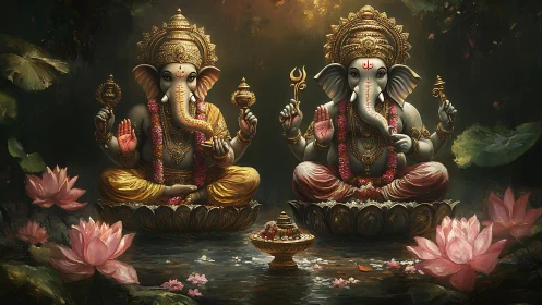 Twin lotus thrones of Ganesha glowing in forest dusk.