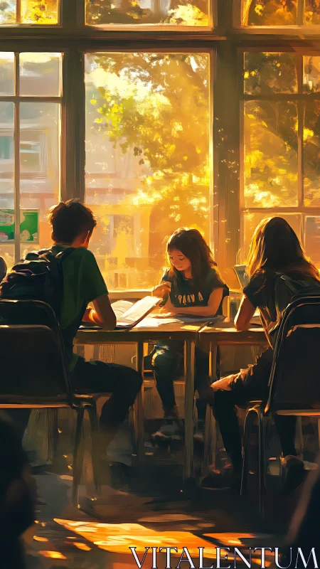 Students study under golden afternoon classroom light.