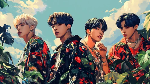 Group portrait shows four stylized figures in tropical foliage