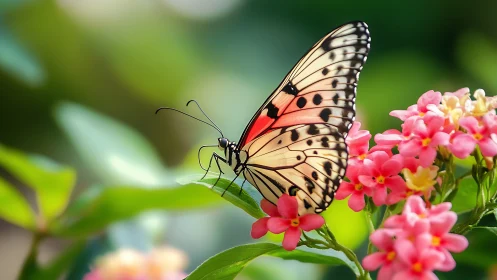Garden ballet of a spotted butterfly on coral blossoms.