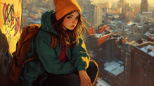 Young person on rooftop ledge above winter city skyline.