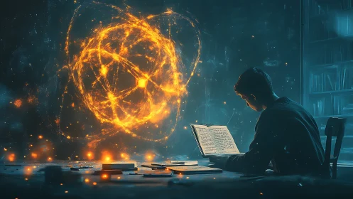 Young reader discovering glowing cosmic knowledge in study.