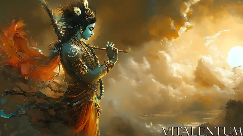 Divine flute-bearer walks through molten clouds at dawn.