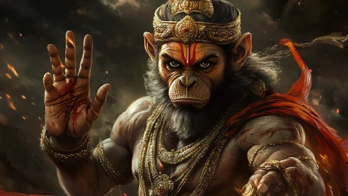 Divine warrior monkey god rendered in fiery digital painting.