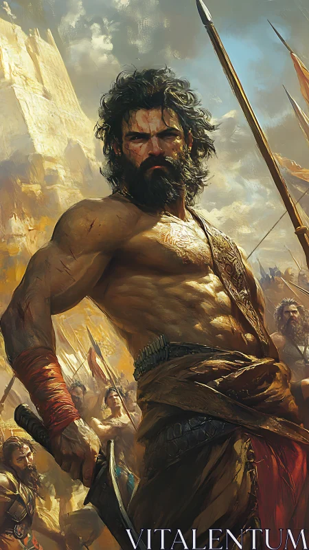 Sunlit warrior commander in high-saturation battle tableau.