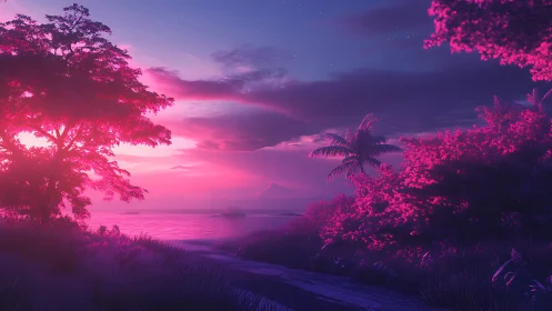 Dreamy pink sunset path beside a calm tropical shoreline.