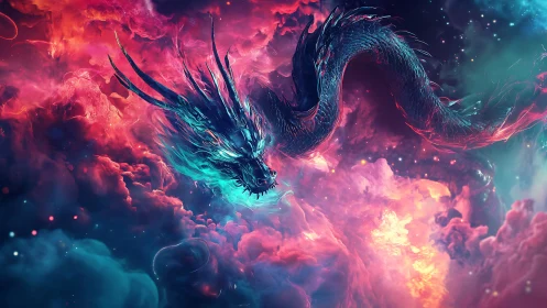 Cosmic dragon coils through neon storm clouds in space.