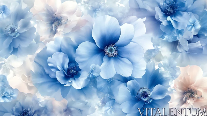 Dreamy Blue Blossoms Dance in Luminous Garden Haze